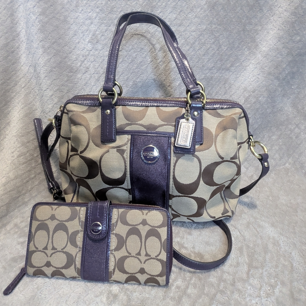 Coach Signature Canvas Bag and Wallet Set - Purple and Tan